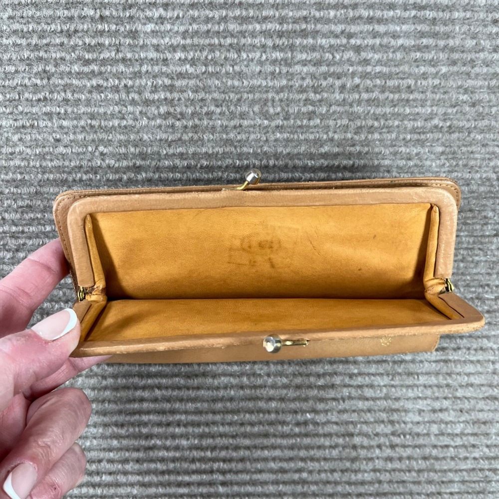 Vintage‎ Tan Leather Fleur-de-Lis Kiss Lock Frame Clutch Wallet Gold Lily Tan - Picture 5 of 9